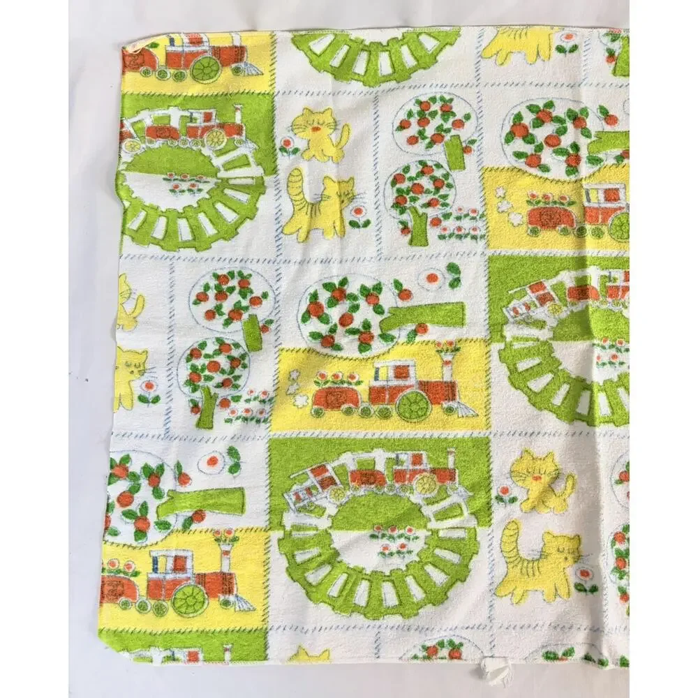 Vintage Baby Receiving Blanket Green Yellow Orange Trees Cats Trains 26x39